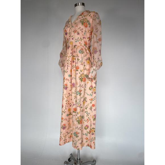 Vtg 70's Pastel Floral Empire Waist Long Sleeve Maxi Dress Hippie Boho Sz S/M - Picture 3 of 10